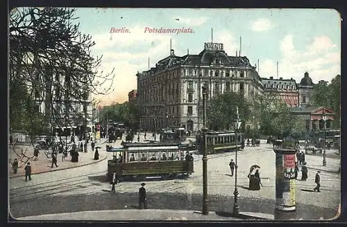 AK Berlin-Tiergarten, Potsdamerplatz mit Strassenbahnen & Litfasssäule