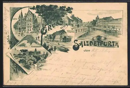 Vorläufer-Lithographie Bad Salzdetfurth, 1895, Hotel zum Kronprinzen, Kinderheilanstalt, Logierhaus