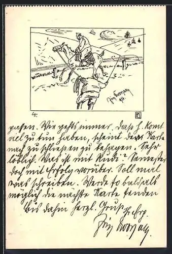 Künstler-AK Handgemalt, sign. Fritz Dworzak: Soldat reitet an der Longe