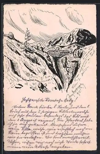 Künstler-AK Handgemalt, sign. Fritz Dworzak: Hütte über einer Schlucht