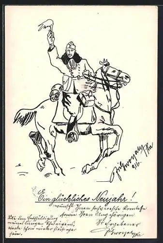 Künstler-AK Handgemalt, sign. Fritz Dworzak: Soldat hält im Galopp eine Fackel hoch, Neujahrskarte