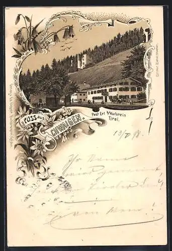 Lithographie Erl bei Kufstein, Gasthaus Schwaigen, Edelweiss