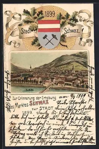 Lithographie Schwaz, Erhebung zur Stadt 1899, Stadtansicht und Wappen