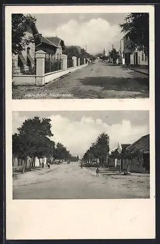 AK Parndorf /Niederdonau, Strassenpartien mit Turm und Geschäftshaus