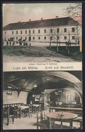 AK Lajtaszentmiklós /Neudörfl, Johann Haszlingers Gasthaus mit Innenansicht