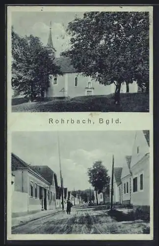 Mondschein-AK Rohrbach /Burgenland, Strassenpartie, Kirche