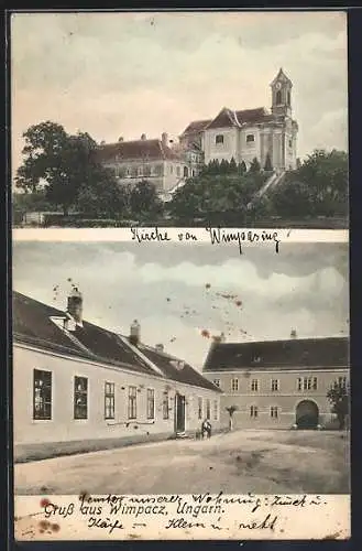 AK Vimpacz /Wimpassing an der Leitha, Ortspartie mit Torgebäude, Kirche mit Anlagen