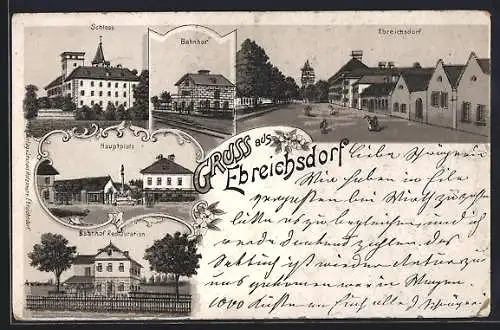 Lithographie Ebreichsdorf, Bahnhof-Restaurant, Schloss, Hauptplatz