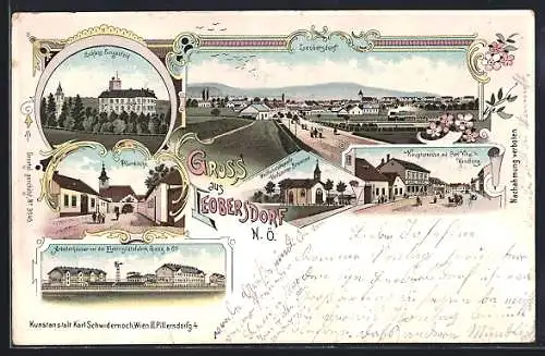 Lithographie Leobersdorf /N. Ö., Hauptstrasse mit Carl Vital`s Handlung, Elektrizitätsfabrik Ganz & Co.