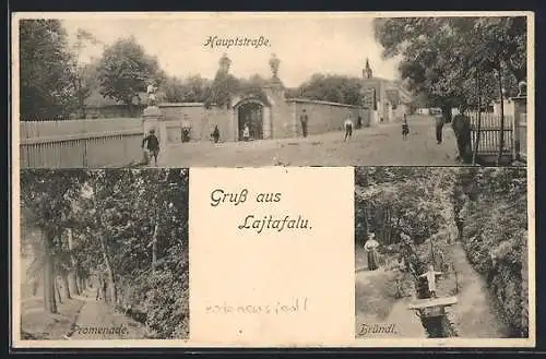 AK Lajtafalu, Bründl, Promenade, Hauptstrasse mit Mauertor-Eingang