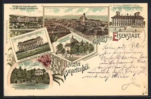 Lithographie Eisenstadt, K. K. Militär-Unterrealschule, Residenz d. Fürsten Esterhazy, Wallfahrtskirche