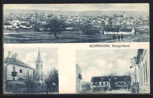 AK Schandorf, Ansicht der Kirche, Panoramablick auf den Ort