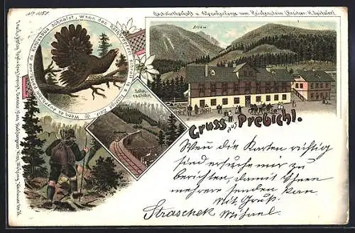 Lithographie Prebichl, Gasthaus und Alpenherberge zum Reichenstein, Bes. H. Spitaler, Zahnradbahn und Auerhahn