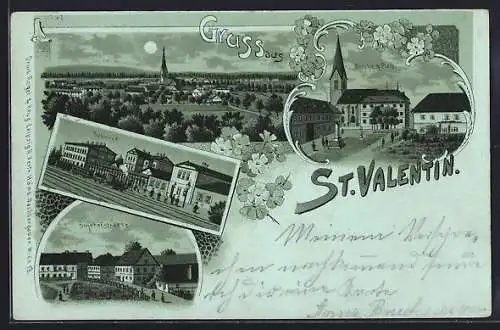 Mondschein-Lithographie St. Valentin, Bahnhof, Bahnhofstrasse, Kirche u. Platz, Ortsansicht