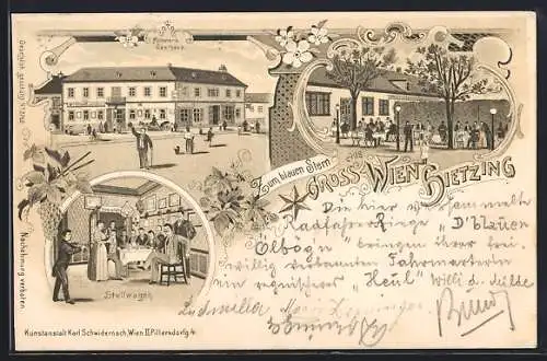 Lithographie Wien, Hietzing, Gasthaus zum blauen Stern Fütterer mit Strasse, Garten, Stellwagen