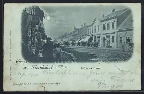 Mondschein-AK Floridsdorf bei Wien, Brünner-Strasse mit Geschäften
