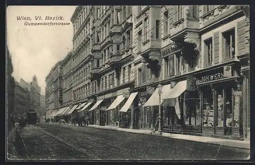 AK Wien, Gumpendorferstrasse mit Geschäften und Strassenbahn