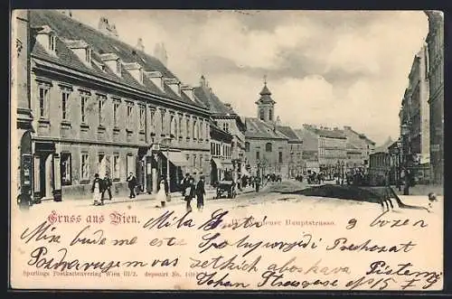 AK Wien, Wiedener Hauptstrasse mit Geschäften und Turmgebäude