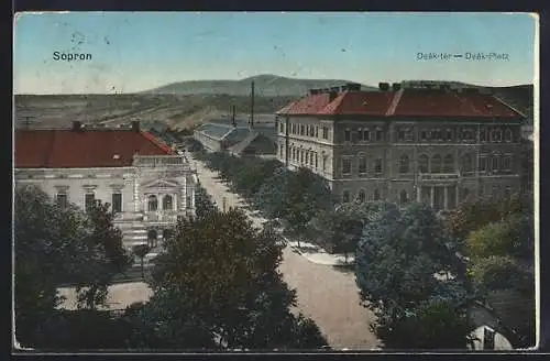 AK Sopron, Deàk-Platz mit Fernblick aus der Vogelschau