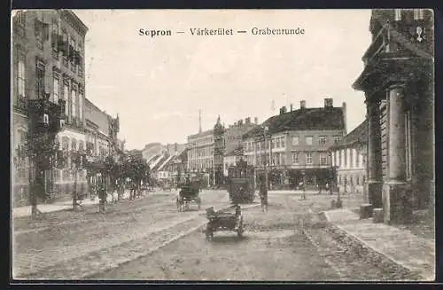 AK Sopron, Grabenrunde, Strassenpartie mit Strassenbahn