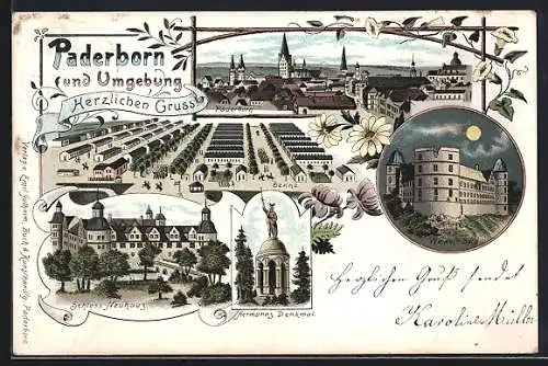 Lithographie Paderborn, Schloss Neuhaus, Wewel`s Burg, Senne