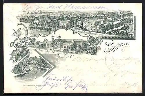 Lithographie Bad Königsborn, Ortsansicht aus der Vogelschau, Kurhaus, Wasserpartie