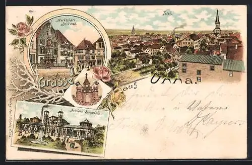 Lithographie Unna, Totalansicht, Marktplatz mit Denkmal, Wappen