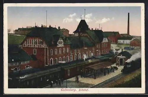 AK Eichenberg / Fuldatal, Bahnhof, Bahnsteig mit Personenzug & Dampflok