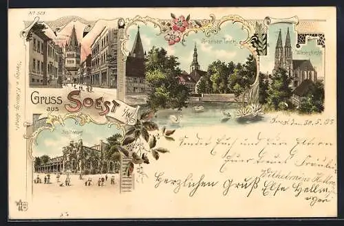 Lithographie Soest i. W., Gasthaus Schützenhof, Rathausstrasse, Grosser Teich und Wiesen-Kirche