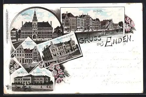 Lithographie Emden, Kaiser Friedrich-Schule, Kgl. Wilhelms-Gymnasium, Rathaus und alte Emder Häuser