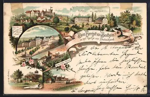 Lithographie Bentheim, Hotel Bellevue und Kriegerdenkmal, Kurhaus und Logirhaus, Pavillon, Bahnhof