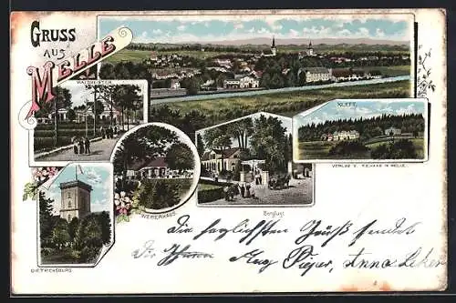 Lithographie Melle, Restaurant zur Berglust, Waldmeister, Dietrichsburg, Kleft, Panorama