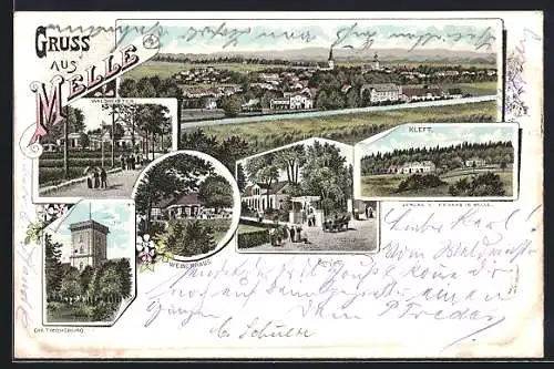 Lithographie Melle, Restaurant zur Berglust, Waldmeister, Dietrichsburg, Kleft, Panorama