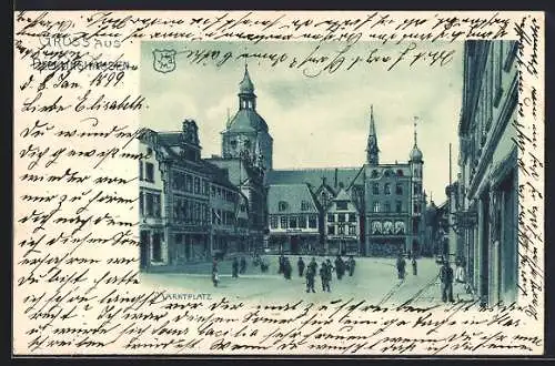 Lithographie Recklinghausen, Marktplatz mit Passanten