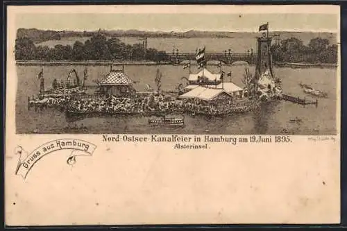 Lithographie Hamburg-St.Georg, Feier am Nord-Ostseekanal zum 19.06., Alsterinsel aus der Vogelschau