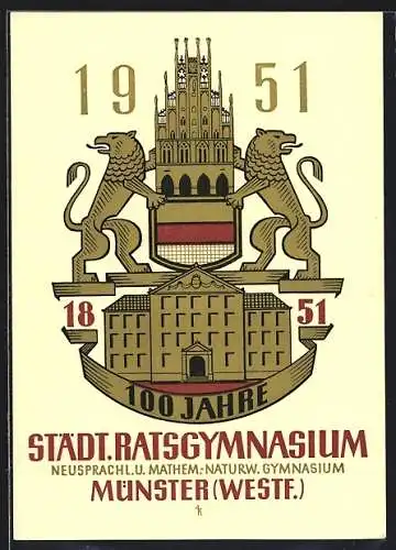 Künstler-AK Münster /Westf., 100 Jahre Städt. Ratsgymnasium 1951, Wappen