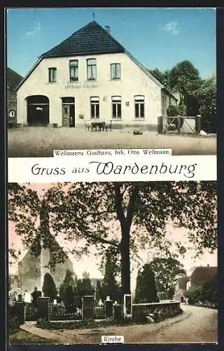 AK Wardenburg, Otto Wellmann`s Gasthaus, Kirche