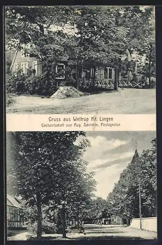 AK Wettrup /Lingen, Gasthaus v. Aug. Schrichte, Postagentur, Strassenpartie