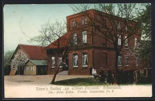 AK Grünendeich bei Steinkirchen, Riepers Gasthof zur schönen Fernsicht H. Blohm, mit Nebengebäude