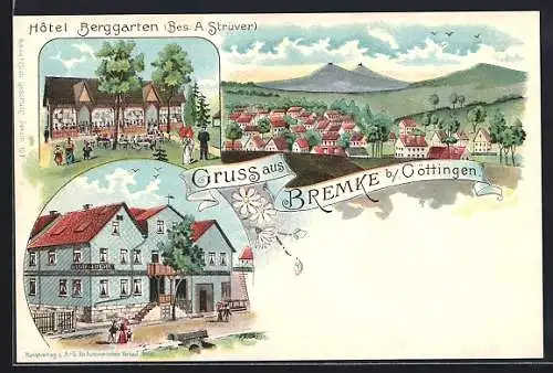 Lithographie Bremke b. Göttingen, Totalansicht mit Hotel Berggarten