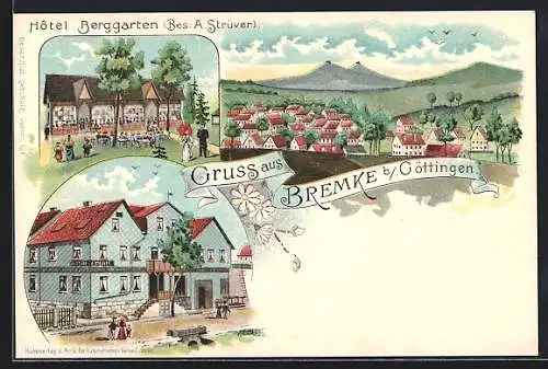 Lithographie Bremke b. Göttingen, Totalansicht mit Hotel Berggarten
