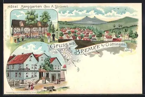 Lithographie Bremke b. Göttingen, Totalansicht mit Hotel Berggarten