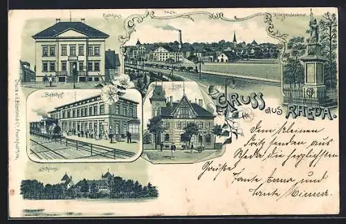 Lithographie Rheda, Kriegerdenkmal, Rathaus, Bahnhof, Schloss, Post