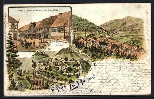 Lithographie Lonau i. Harz, Hotel z. goldenen Hirsch v. Louis Tölke, Garten, Ortsansicht