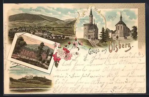 Lithographie Olsberg, Kaltwasser-Heilanstalt, Astenberger Turm, Kirche