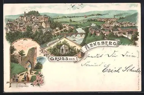 Lithographie Arnsberg / Ruhr, Ehmsen Denkmal, Schlossruine, Panorama