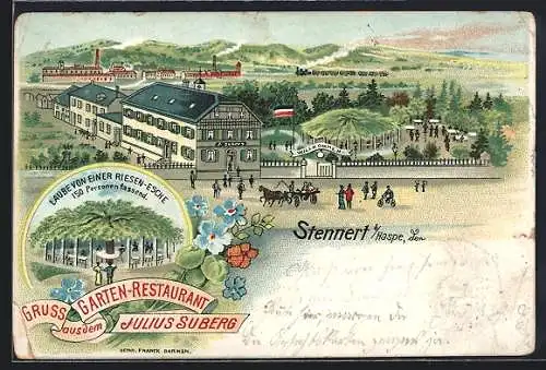 Lithographie Hagen-Haspe, Haus Stennert / Garten-Restaurant von Julius Suberg, Laube von einer Riesen-Esche