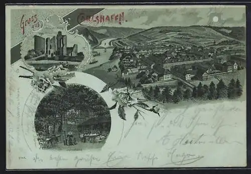 Mondschein-Lithographie Carlshafen, Ruine Kruckenburg, Gasthaus Juliushöhe, Gesamtansicht