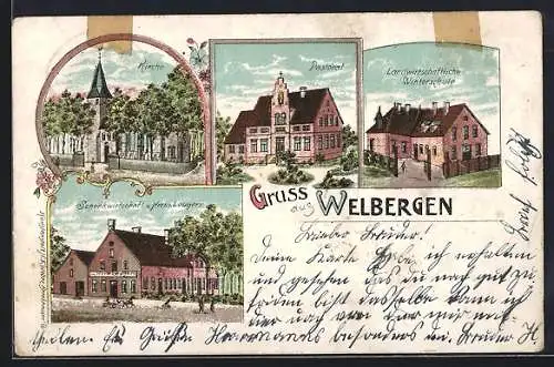 Lithographie Welbergen, Gasthaus v. Herm. Leugers, Landwirtschaftliche Winterschule, Pastorat, Kirche