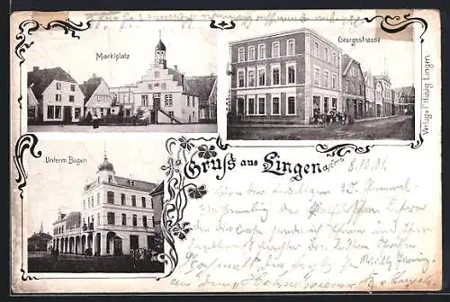 AK Lingen a. Ems, Georgstrasse, Marktplatz, Unterm Bogen, Jugendstil-Passepartout